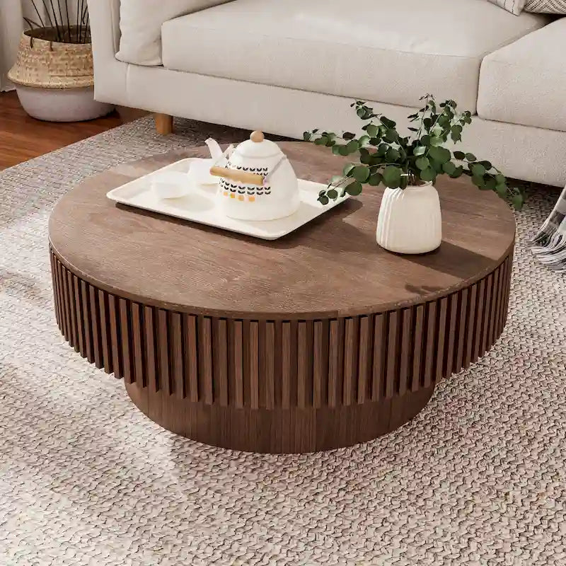 Wood Veneer Round Coffee Table with Storage