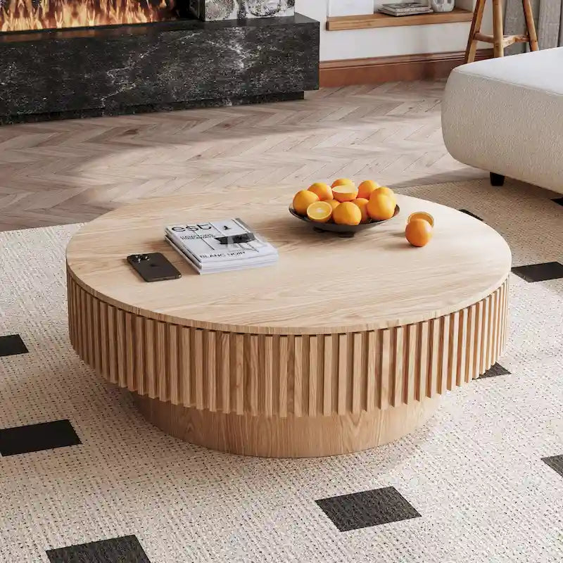 Wood Veneer Round Coffee Table with Storage