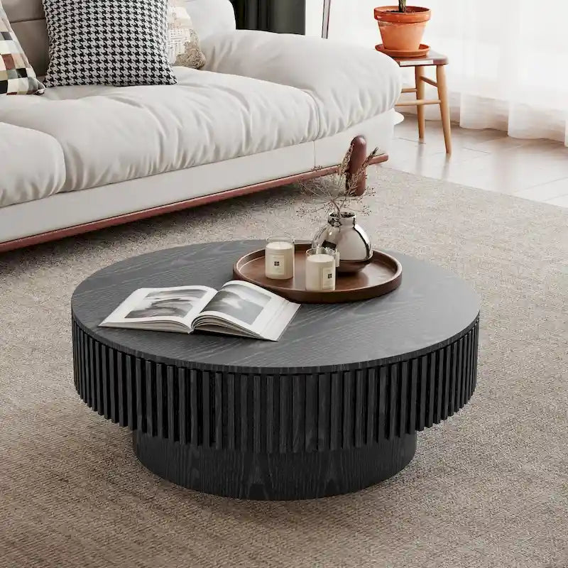 Wood Veneer Round Coffee Table with Storage