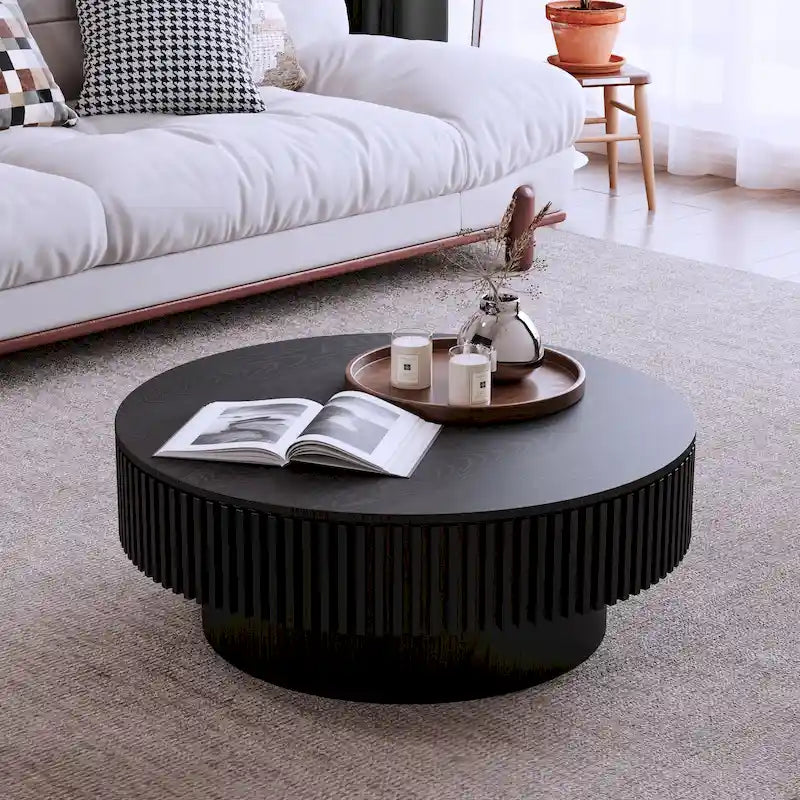 Wood Veneer Round Coffee Table with Storage