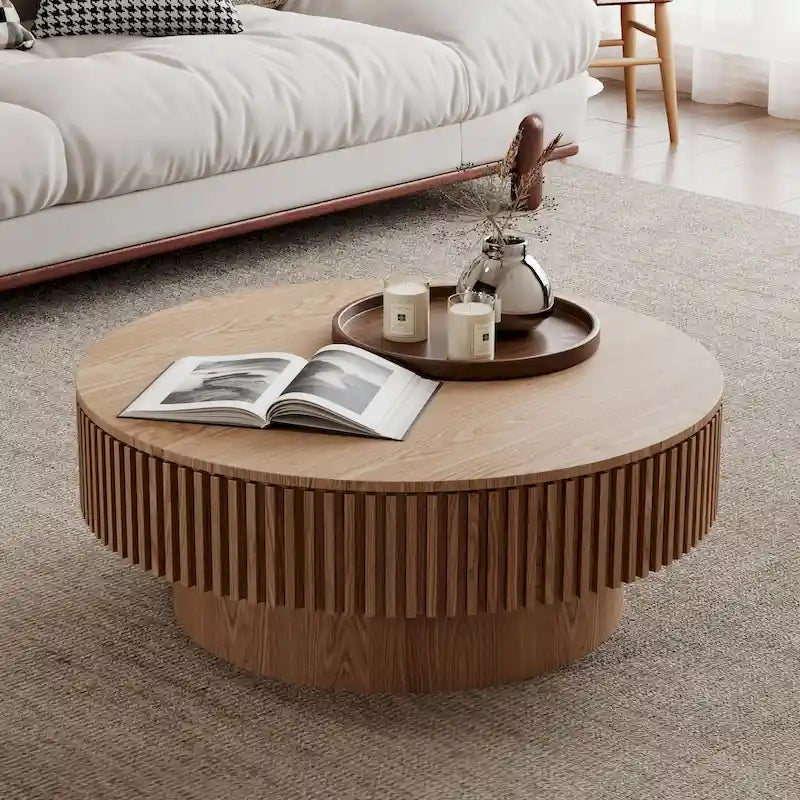 Wood Veneer Round Coffee Table with Storage