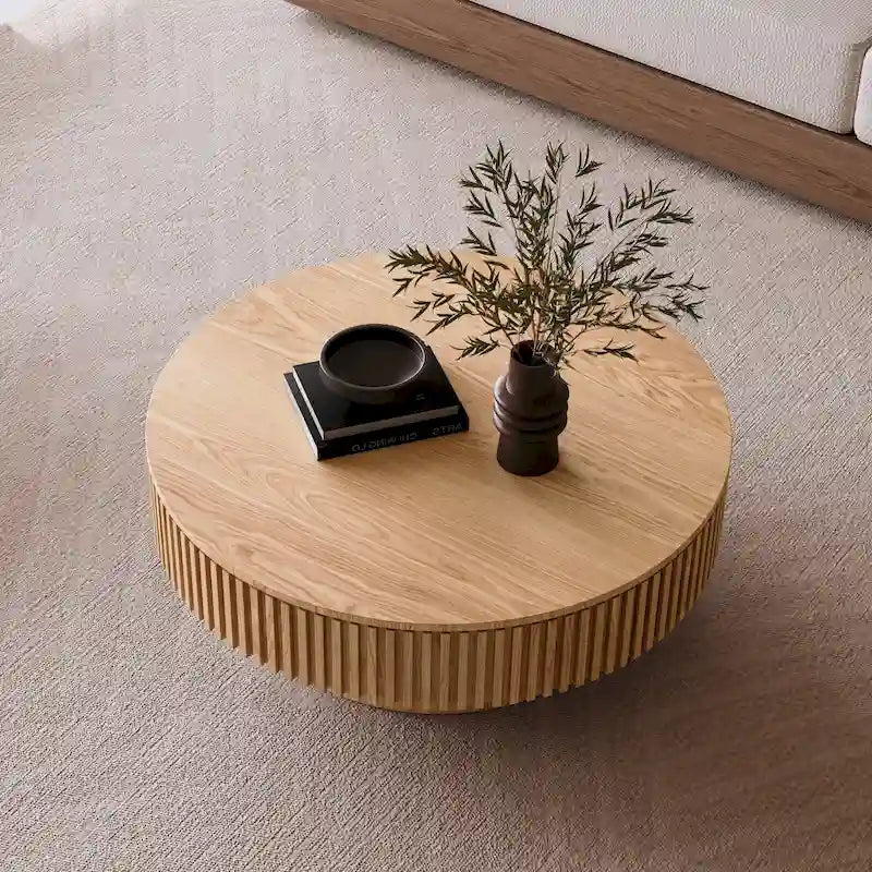 Wood Veneer Round Coffee Table with Storage