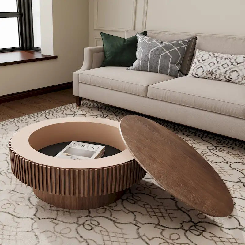 Wood Veneer Round Coffee Table with Storage