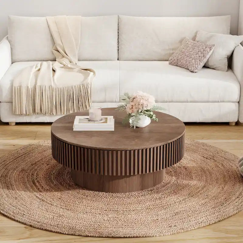 Wood Veneer Round Coffee Table with Storage