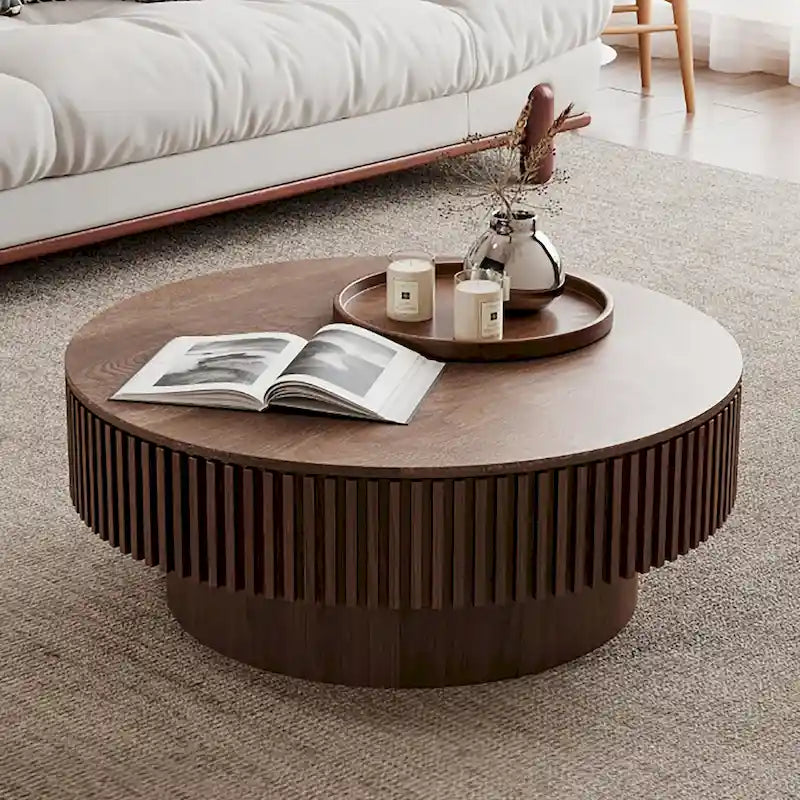Wood Veneer Round Coffee Table with Storage
