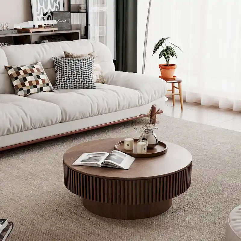 Wood Veneer Round Coffee Table with Storage
