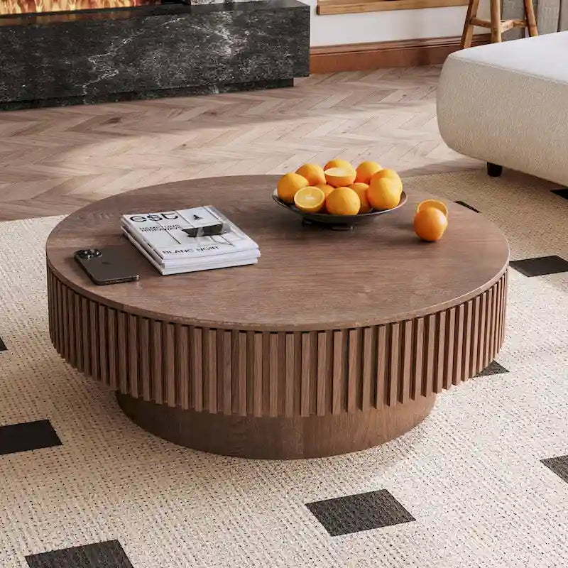 Wood Veneer Round Coffee Table with Storage