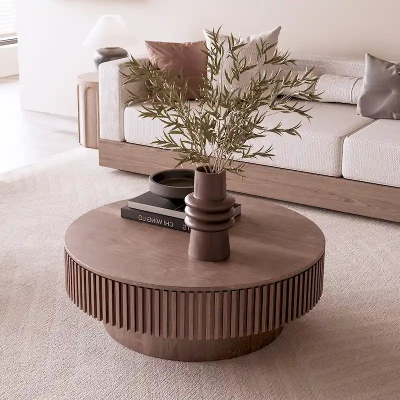 Wood Veneer Round Coffee Table with Storage