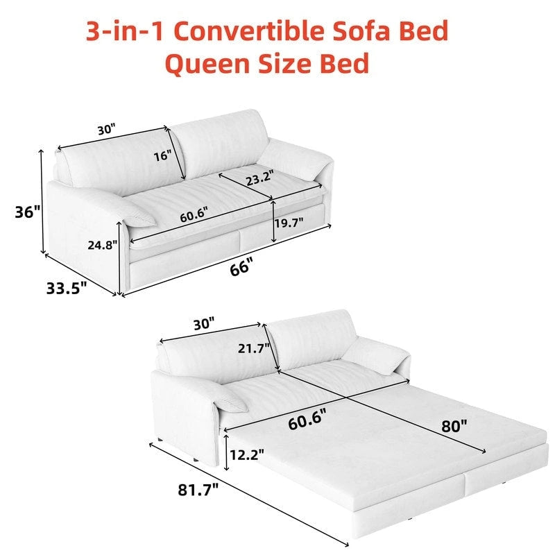 Velvet Convertible Sleeper Sofa - Queen Size - 3-in-1
