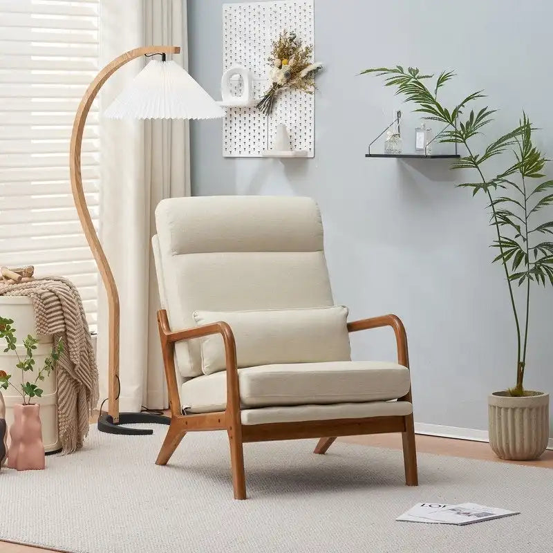 Accent Chair Single Off-White Solid Wood High-Back Mid-Century