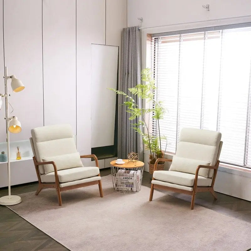 Accent Chair Single Off-White Solid Wood High-Back Mid-Century