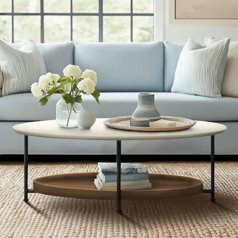 Oval Coffee Table White/Natural Black Metal Legs Contemporary