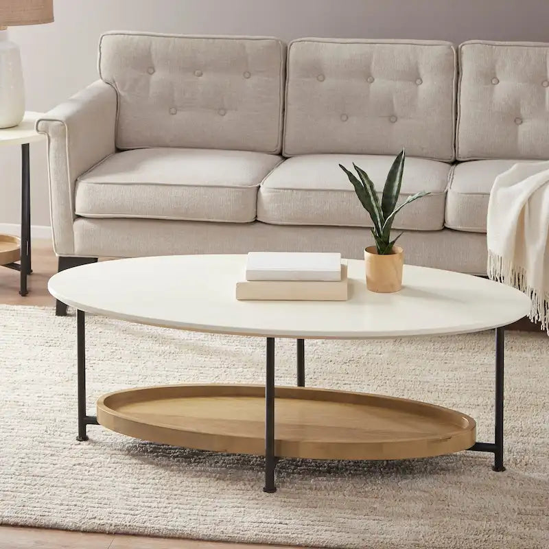 Oval Coffee Table White/Natural Black Metal Legs Contemporary