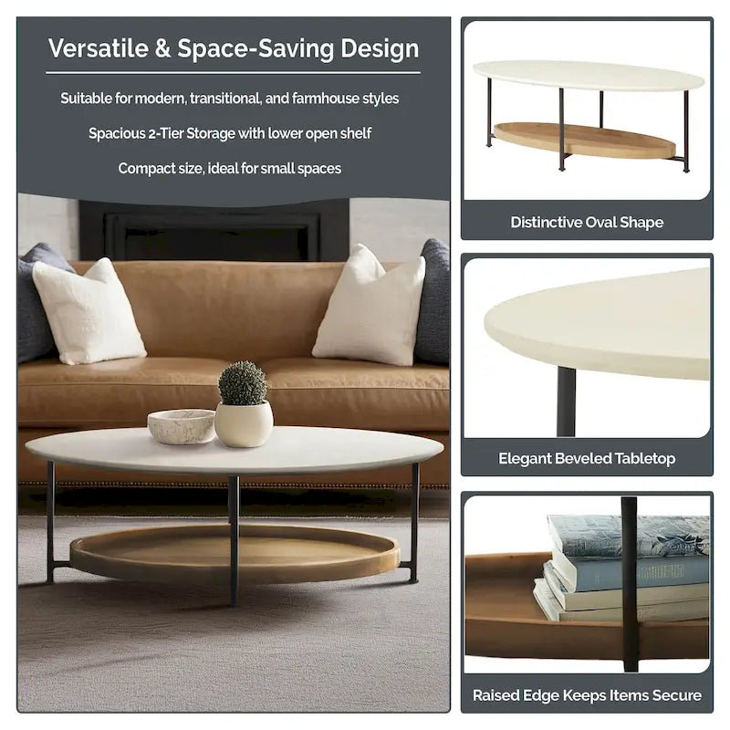 Oval Coffee Table White/Natural Black Metal Legs Contemporary