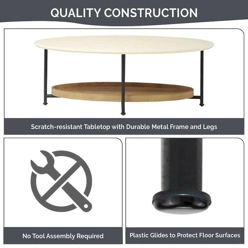 Oval Coffee Table White/Natural Black Metal Legs Contemporary