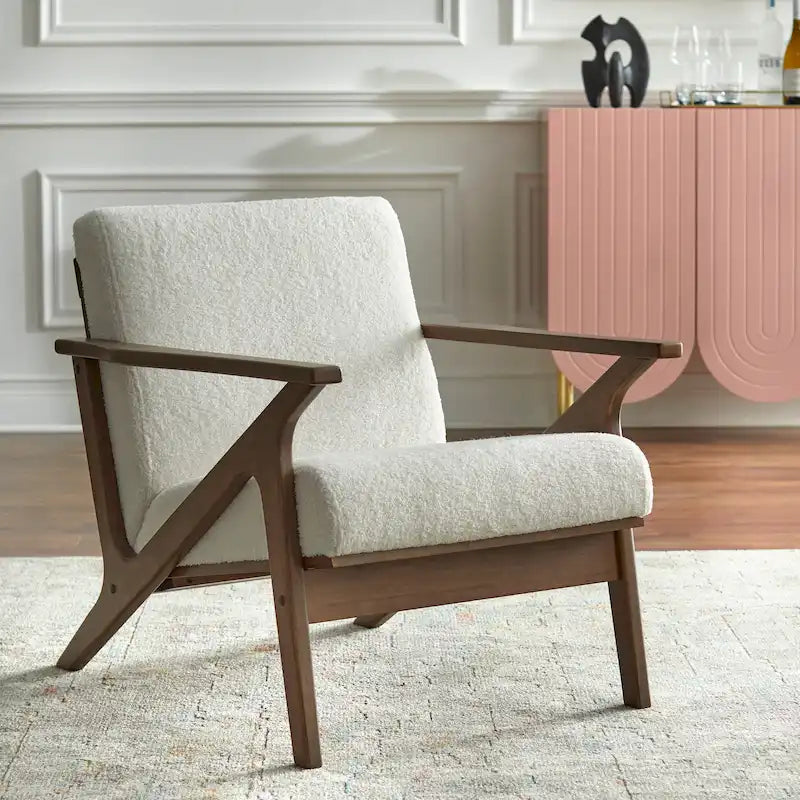 Mid-Century Modern Wood Arm Chair - Vegan Leather/Boucle - Single Seat