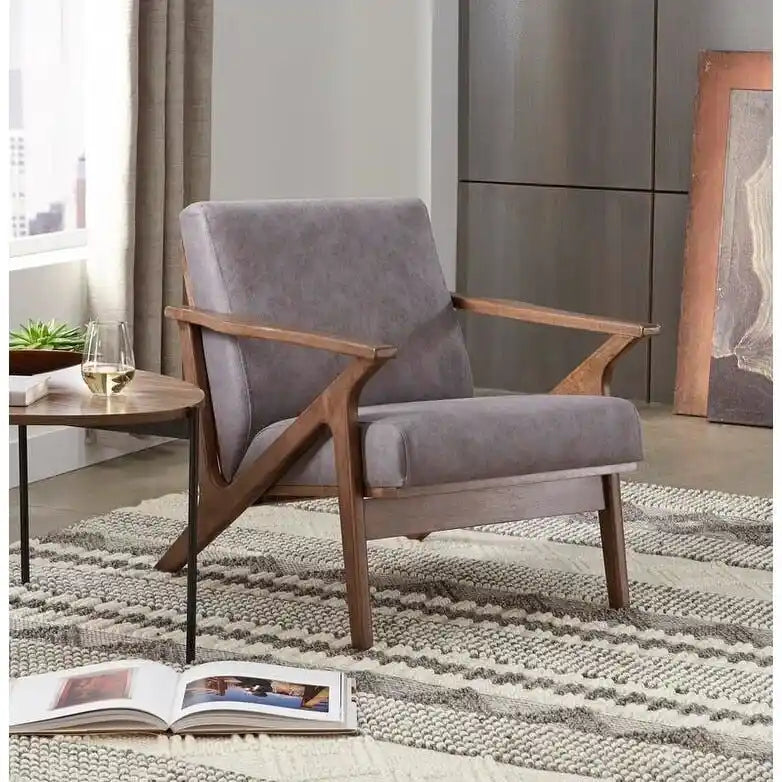 Mid-Century Modern Wood Arm Chair - Vegan Leather/Boucle - Single Seat