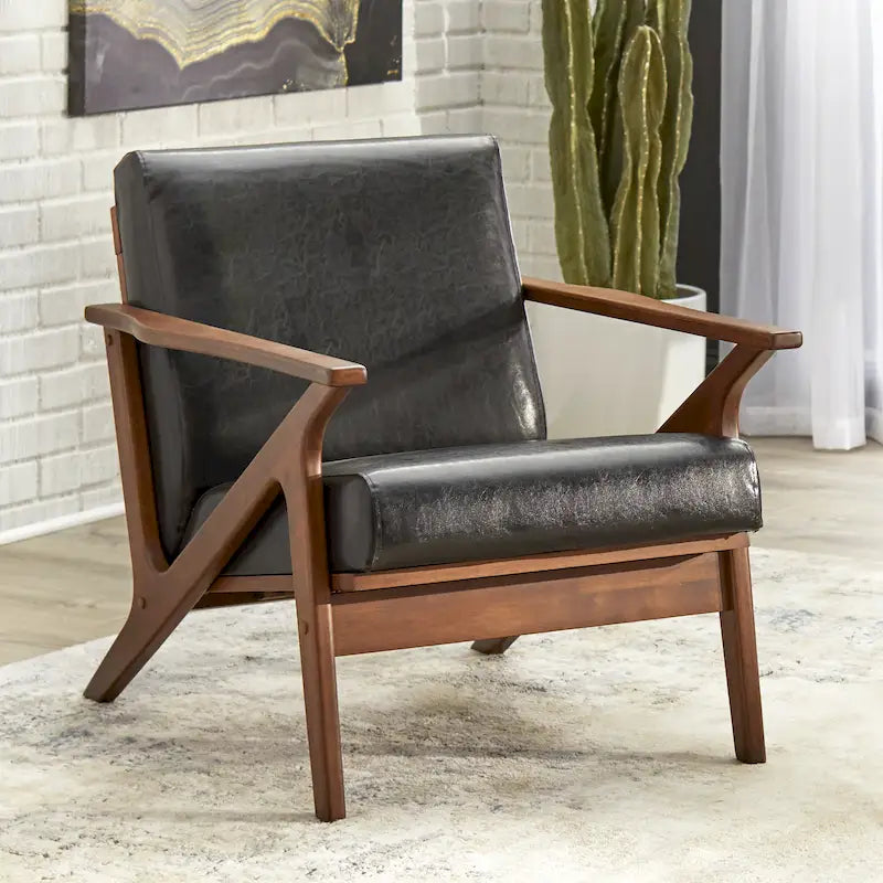 Mid-Century Modern Wood Arm Chair - Vegan Leather/Boucle - Single Seat