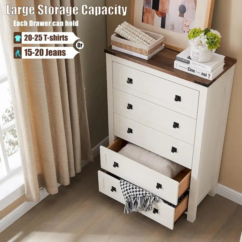 48 Tall Farmhouse 5 Drawer Wood Dresser, Chest of Drawers for Bedroom