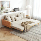 Sleeper Sofa Bed, Beige Cotton Linen with Solid Wood Frame