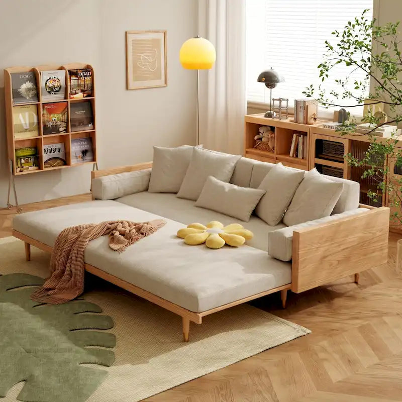 Sleeper Sofa Bed, Beige Cotton Linen with Solid Wood Frame