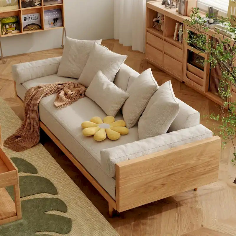 Sleeper Sofa Bed, Beige Cotton Linen with Solid Wood Frame