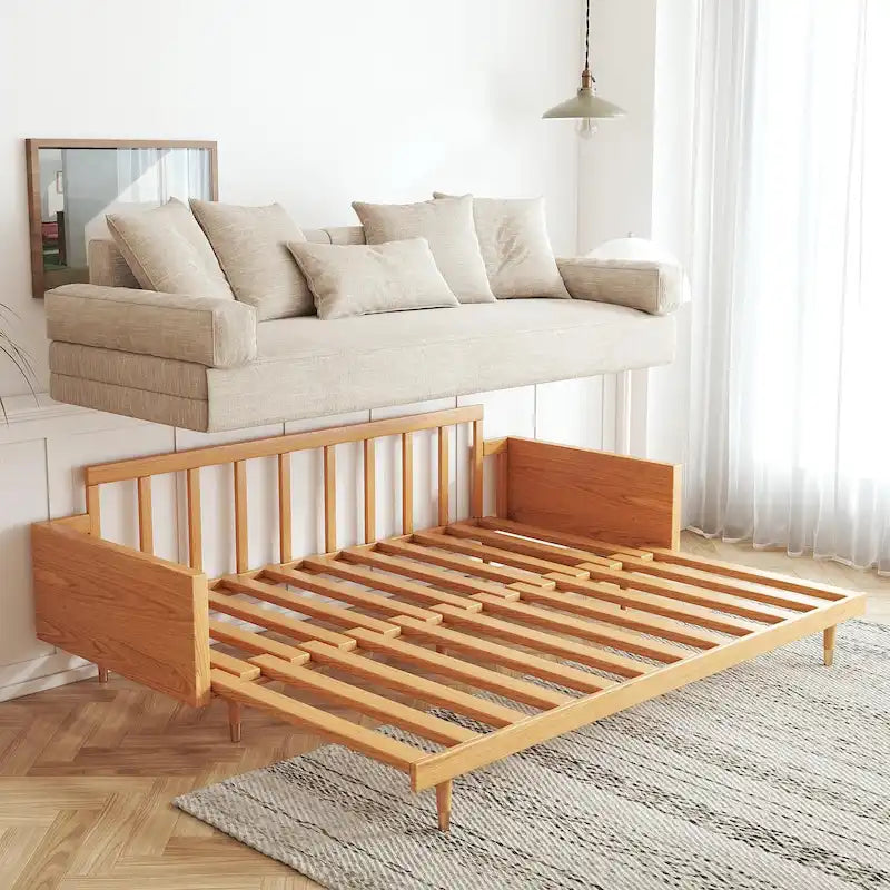 Sleeper Sofa Bed, Beige Cotton Linen with Solid Wood Frame