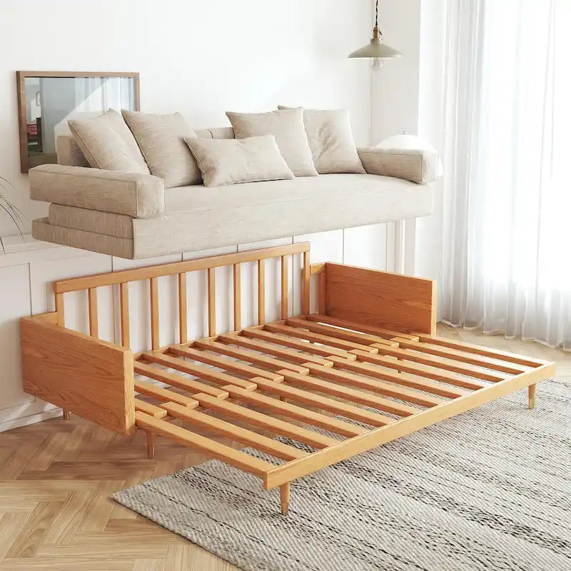 Sleeper Sofa Bed, Beige Cotton Linen with Solid Wood Frame