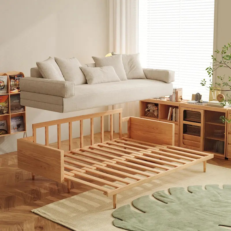 Sleeper Sofa Bed, Beige Cotton Linen with Solid Wood Frame