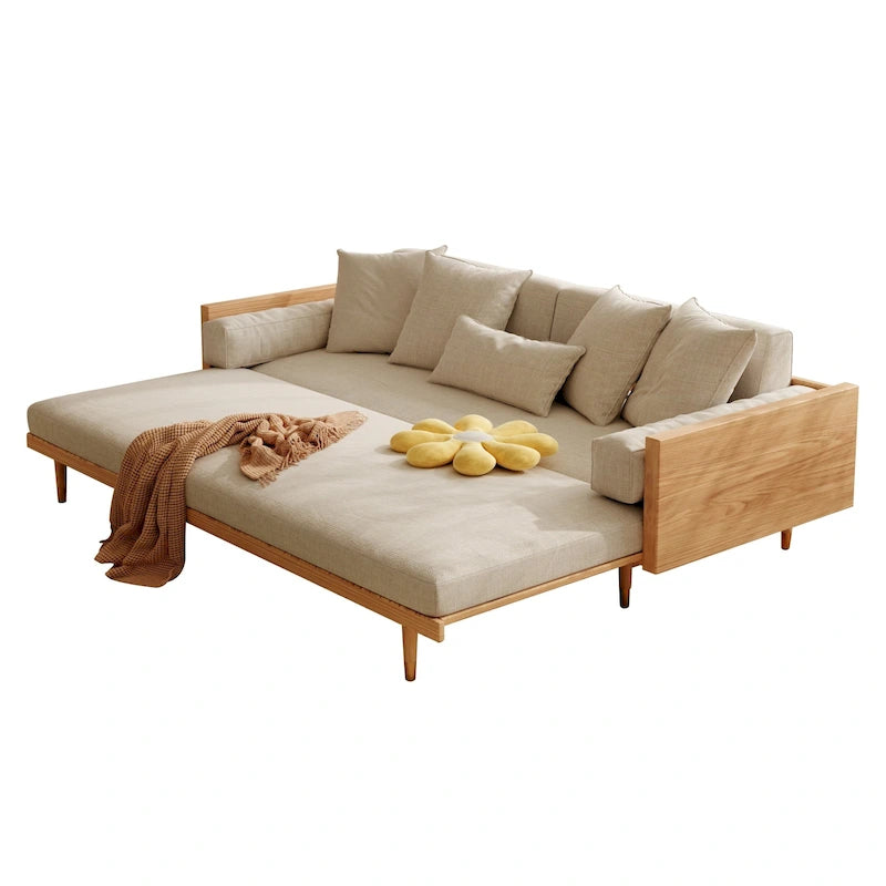Sleeper Sofa Bed, Beige Cotton Linen with Solid Wood Frame