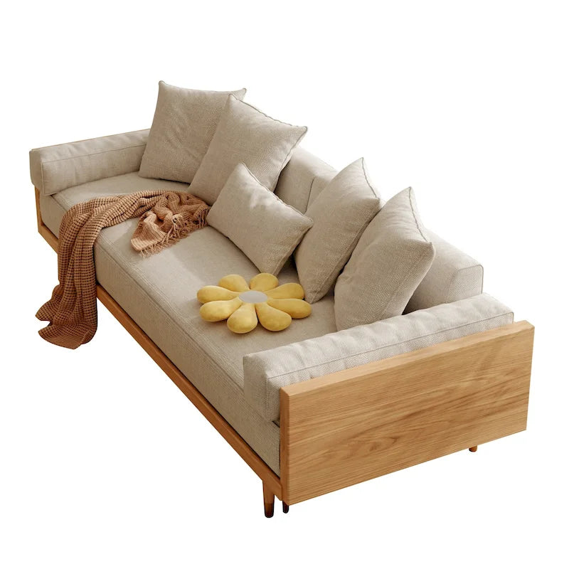 Sleeper Sofa Bed, Beige Cotton Linen with Solid Wood Frame