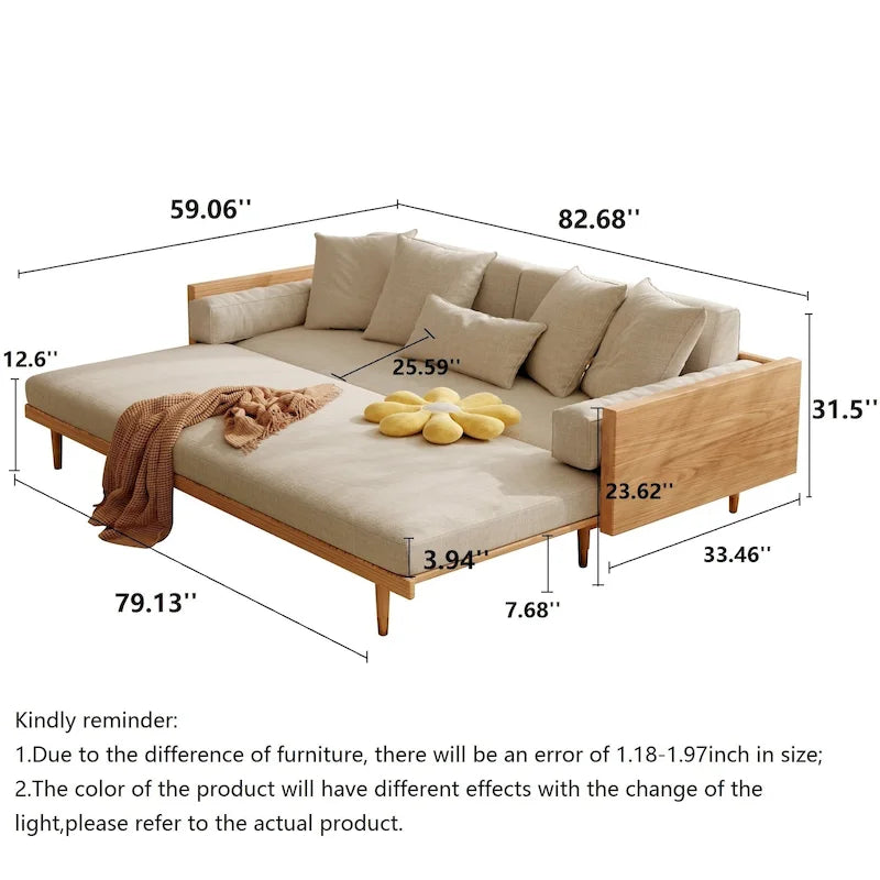 Sleeper Sofa Bed, Beige Cotton Linen with Solid Wood Frame