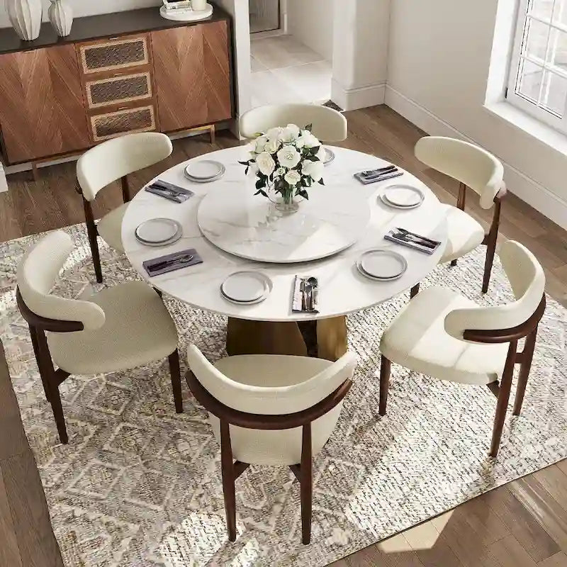 Modern Round White Dining TableSintered Stone Tabletop, Solid Black Carbon Steel Base