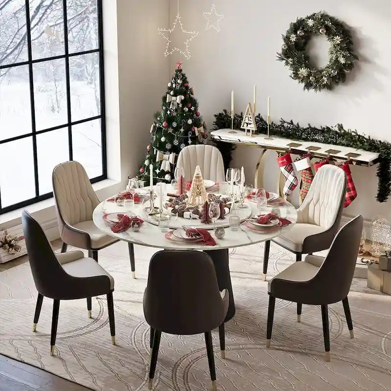 White Round Dining Table, Sintered Stone Top, Black Steel Base