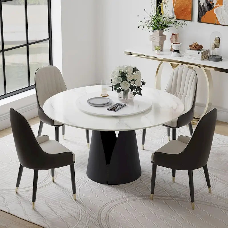 White Round Dining Table, Sintered Stone Top, Black Steel Base