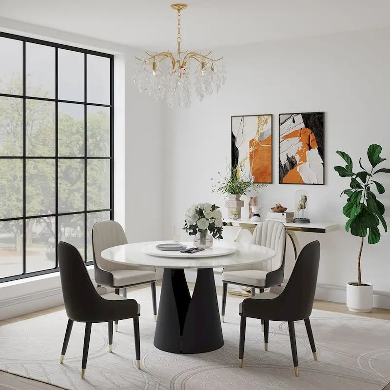 White Round Dining Table, Sintered Stone Top, Black Steel Base