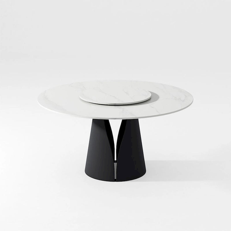 White Round Dining Table, Sintered Stone Top, Black Steel Base