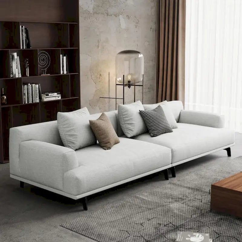Beige Tufted Fabric Sofa - Square Arm - 4-Seater