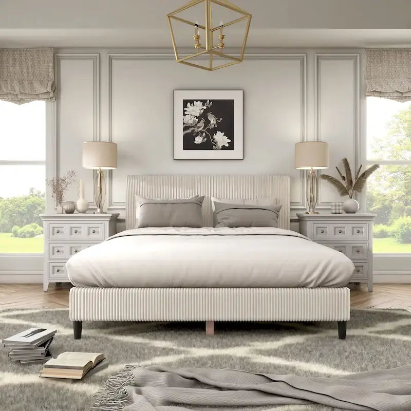 Corduroy Upholstered Queen Platform Bed, 63.2W x 83.5D x 42.5H