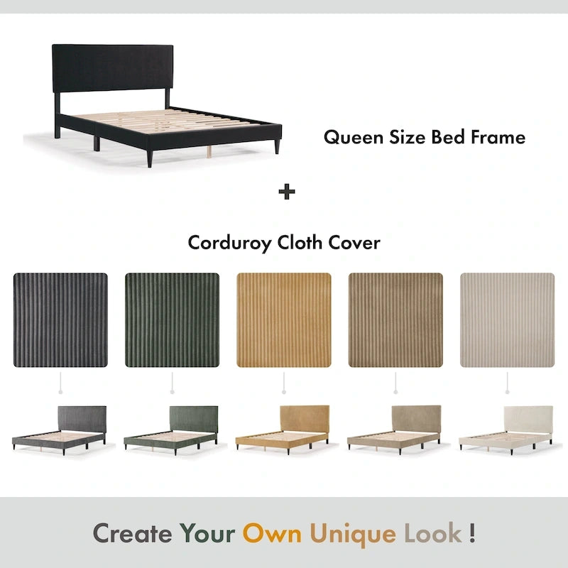 Corduroy Upholstered Queen Platform Bed, 63.2W x 83.5D x 42.5H