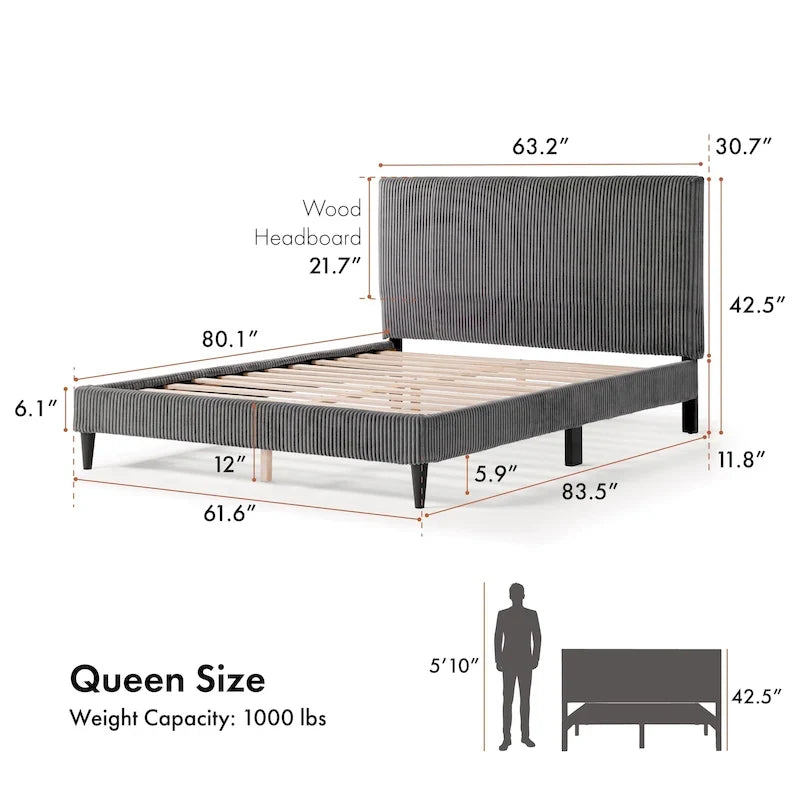 Corduroy Upholstered Queen Platform Bed, 63.2W x 83.5D x 42.5H