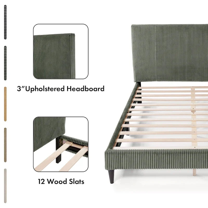 Corduroy Upholstered Queen Platform Bed, 63.2W x 83.5D x 42.5H