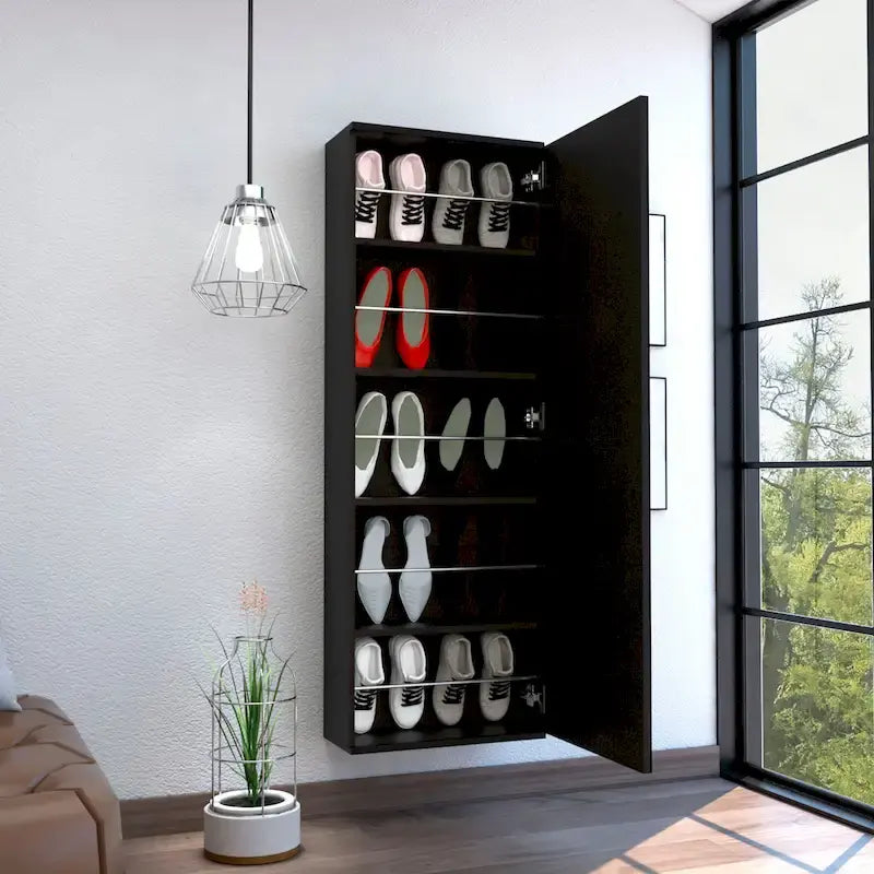 Wall Mounted Shoe Rack - Mirror Door - Holds 10 Pairs