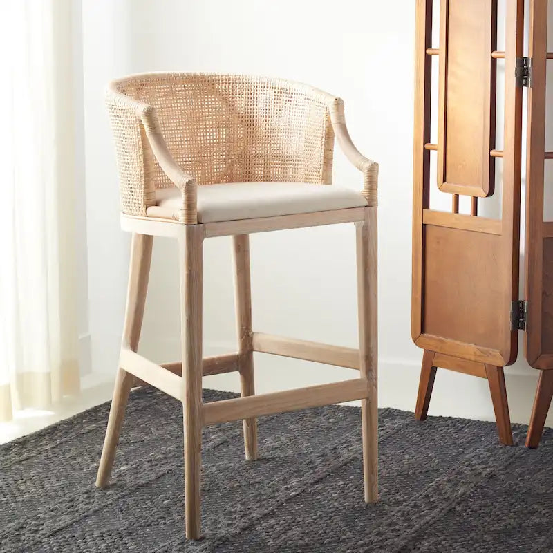 Brown Rattan Bar Stool - 30" - Cushioned Seat