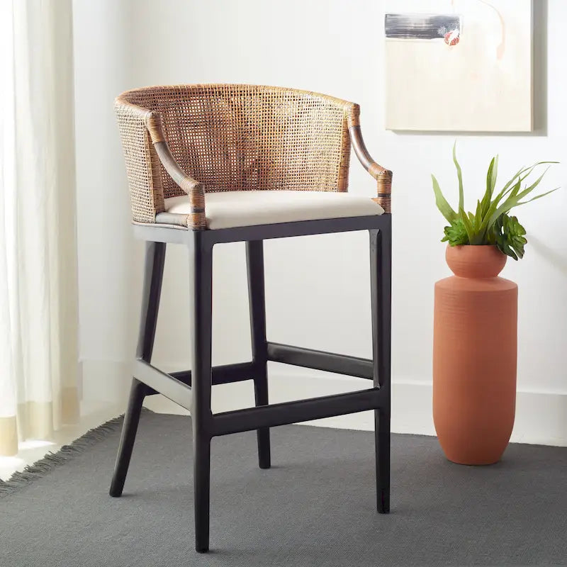 Brown Rattan Bar Stool - 30" - Cushioned Seat