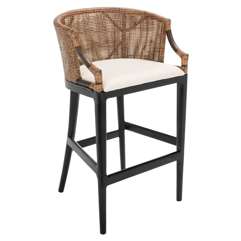 Brown Rattan Bar Stool - 30" - Cushioned Seat