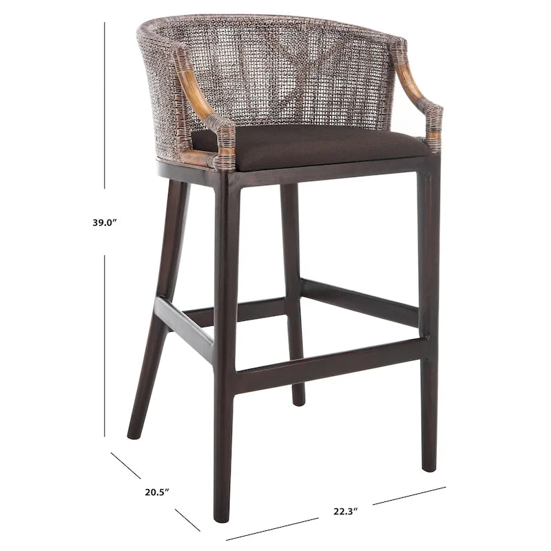 Brown Rattan Bar Stool - 30" - Cushioned Seat