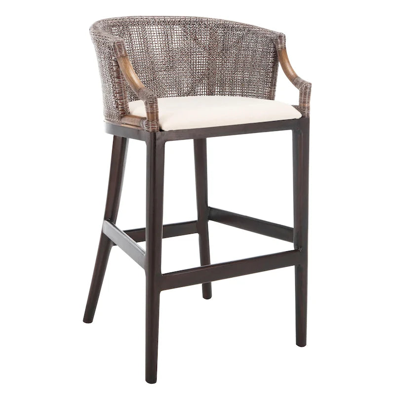 Brown Rattan Bar Stool - 30" - Cushioned Seat