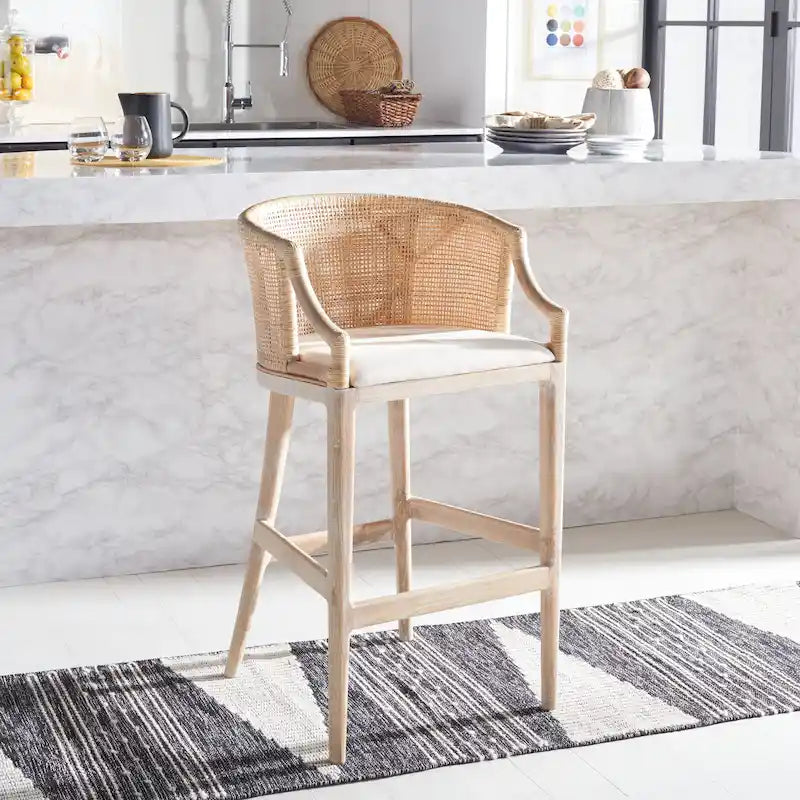 Brown Rattan Bar Stool - 30" - Cushioned Seat