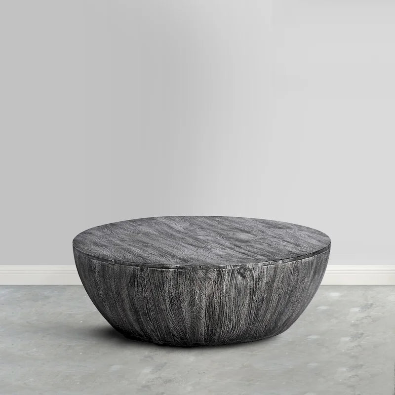 Round Coffee Table, Distressed White Mango Wood, 35.5 Inch